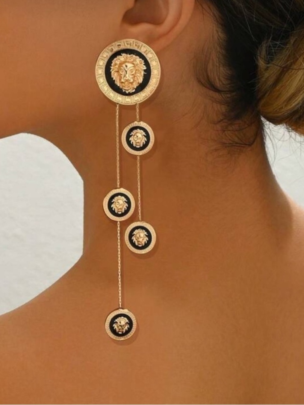 Gold and Black Lion Medallion Cascade Earrings